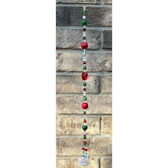 Beaded Christmas Suncatcher Red Green Clear Crystal Prism Hanging Patio Decor - Picture 8 of 10